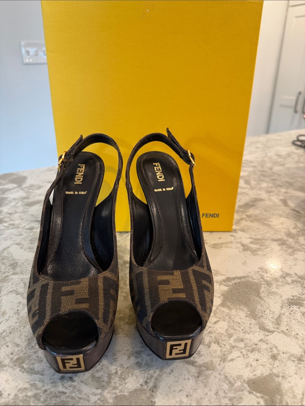 Fendi Brown FF Logo Peep-Toe Slingback Platform Heels with Gold Accent